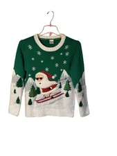 Holiday Time Girls Santa Skiing Green Long Sleeve Sweater Size Large