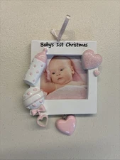 Christmas ornament 3”x3.5” photo frame pink & White “Baby’s 1st Christmas”