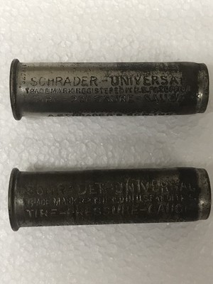 EARLY PAIR (MAR 1-1898 & JULY 6-1909) SCHRADER UNIVERSAL TIRE PRESSURE GAUGES