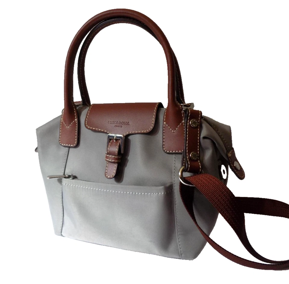 Mini Bolso Bandolera HEXAGONA Paris Gris Nylon Marrón Cuero Asa Superior Foto 3 de 4