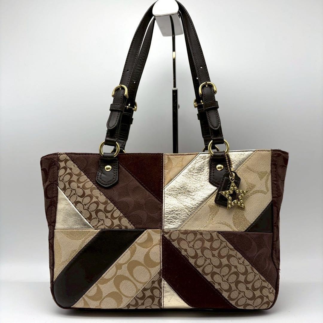 COACH Tote Bag Patchwork Suede Leather Brown  ◯ A… - image 22