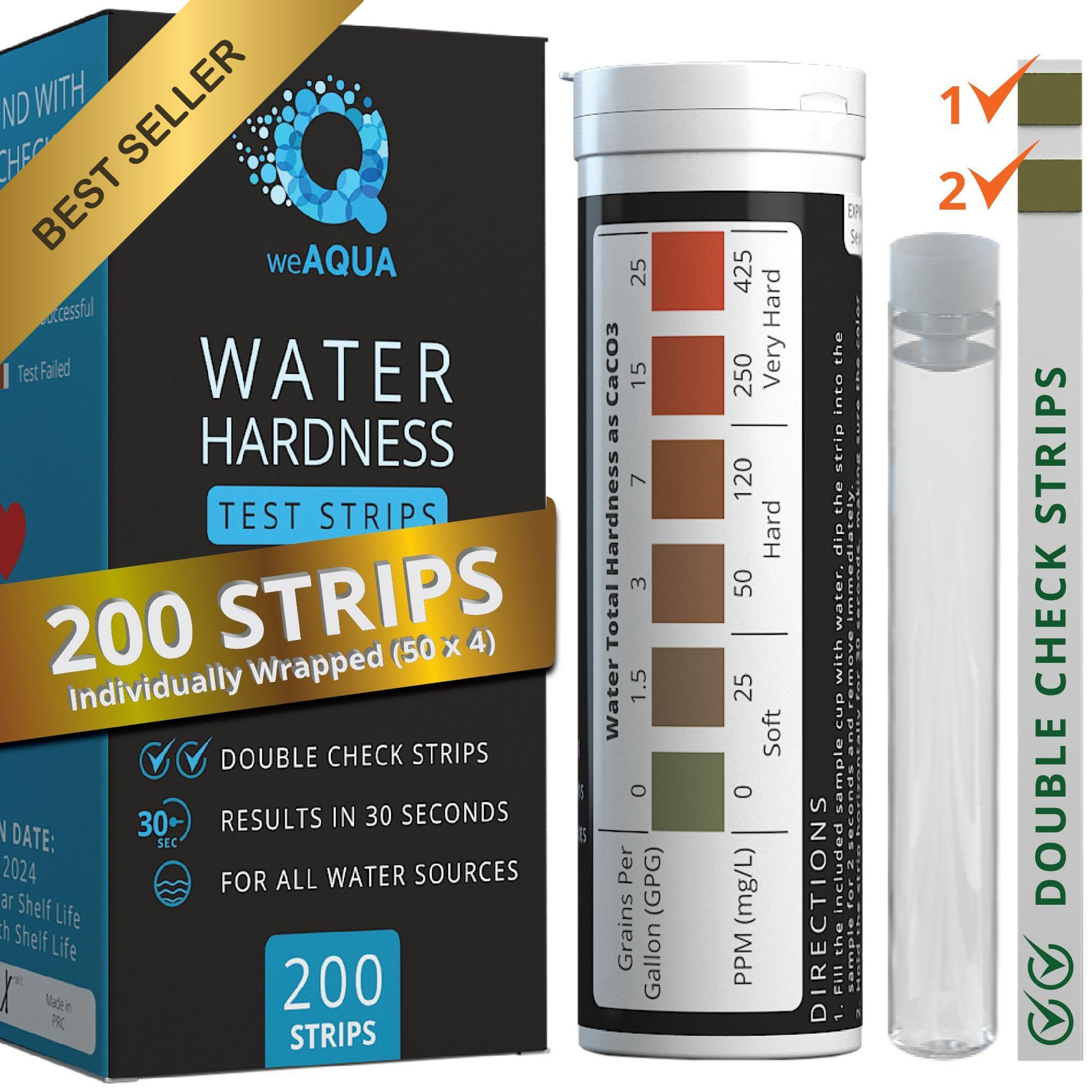 DoubleCheck Water Hardness Test Kit 200 Strips and Sample Cup 0-25 gpg 0-425 ppm