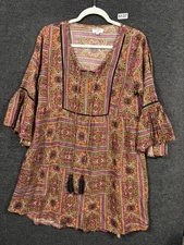 World Market A-Line Peasant Dress Womens S/M Orange Paisley Bell Sleeves
