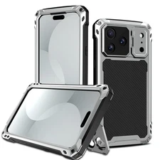 For iPhone 17 16 15 14 Pro Max Aluminum Metal Rugged Stand Cover+Tempered Glass