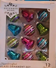12 AQUA PINK December Home Ornaments STRIPES BELLS MICA RETRO SHINY BRITE  TYPE