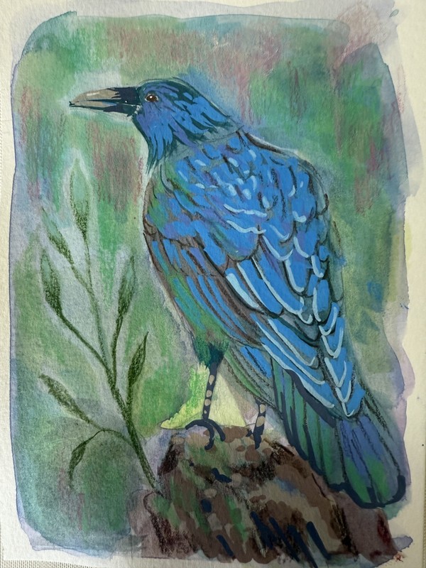 Original Blue Crow Painting 5x7, Bird Painting, Signed