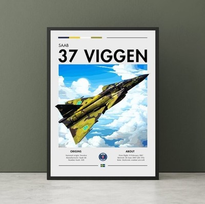 Saab 37 Viggen Print - Swedish Aviation Art, White clouds, Plane Poster