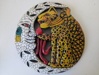 Aztec / Mayan Folk Art Ceramic Wall Hanging 37cm Jaguar with Moon