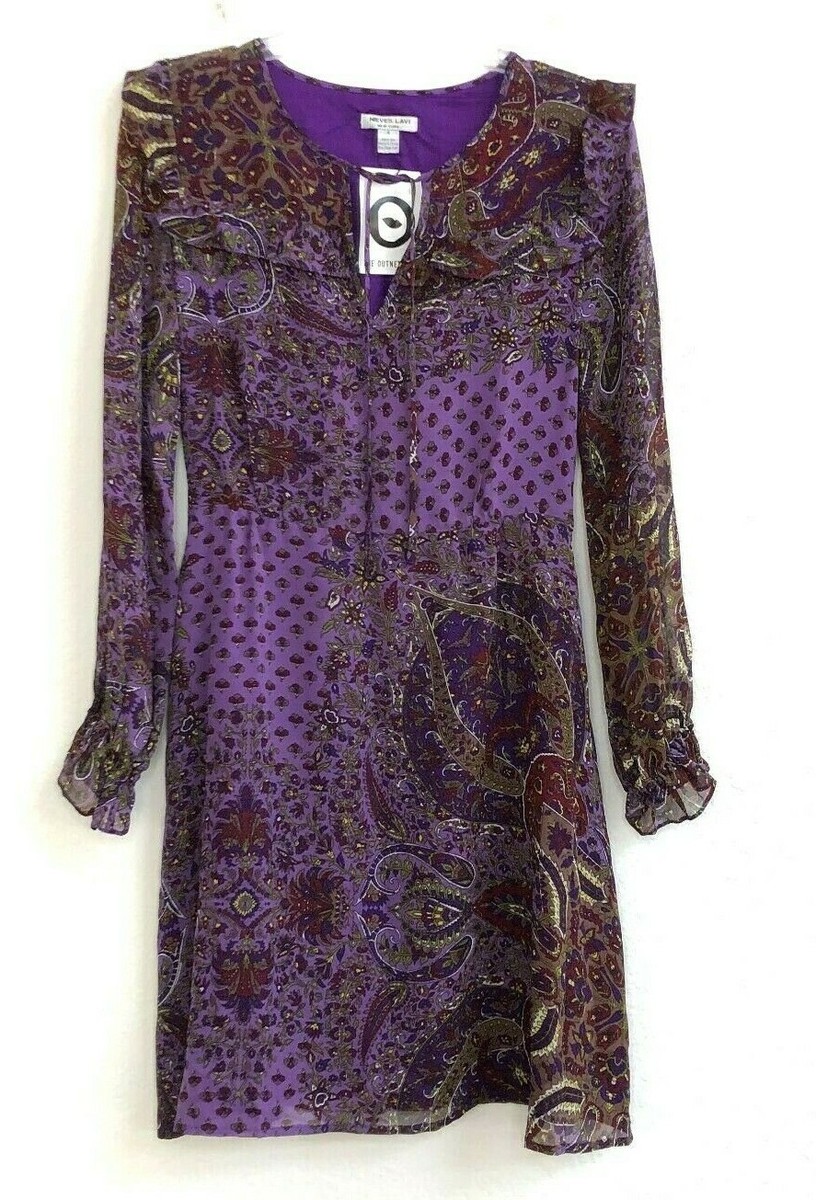 NEW Nieves Lavi Purple Long Sleeve Silk Dress size Floral Sheer