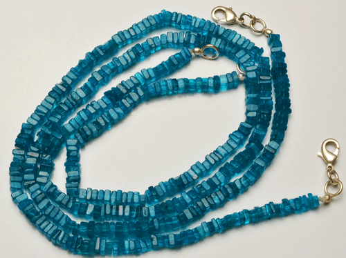 96.CT 16 INCH Neon BLUE APATITE Beads SMOOTH SQUARE Shape NECKLACE 3.5 TO 4 MM - Picture 2 of 3