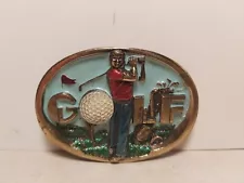 VINTAGE GOLF BELT BUCKLE BRASS 1983 SERIAL NO 1066 THE GREAT AMERICAN BUCKLE CO