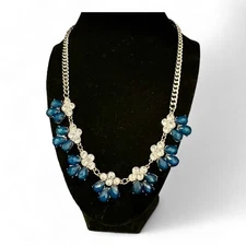 Charming Charlie Silver Tone & Blue /Clear Rhinestone Statement Necklace-18”-20”