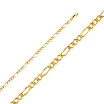Herren 14k Echt Massiv Gelbgold 4mm Figaro 3+1 Gelb Pavé Kette / 7,5'' - 24''