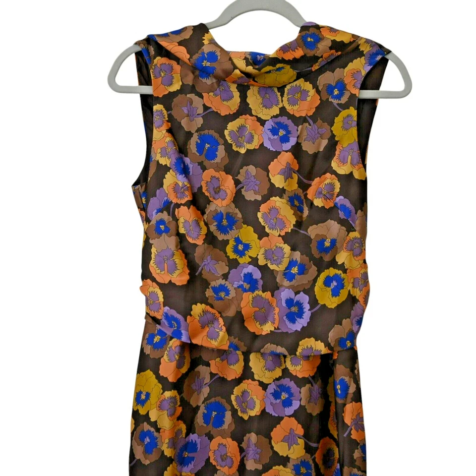Vestido recto Missoni seda talla pequeña marrón floral profundo espalda en V sin mangas años 70 Foto 2 de 4