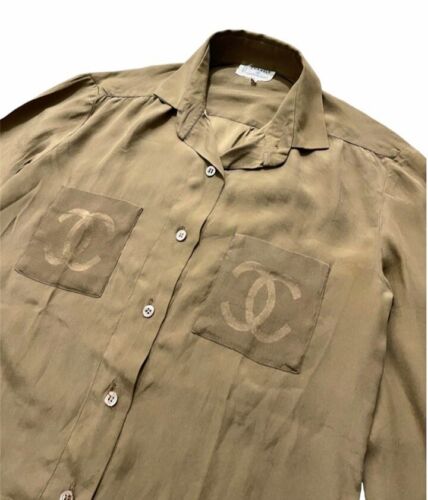 Vintage 1970s Chanel Silk Blouse – Brown RTW Shirt with CC Logo, Rare Pre-Owned