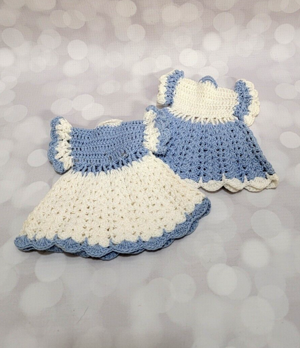 Vintage Crochet Dress Pot Holders Blue & White Mid Century Kitchen Decor