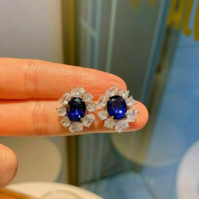 2Ct Lab Created Oval Blue Sapphire & Diamond Halo Stud Earrings 14K Gold Plated