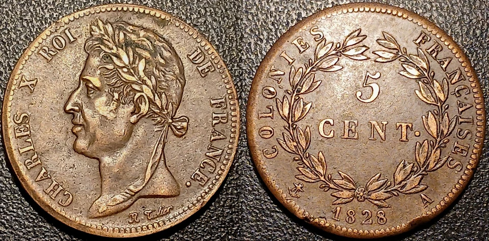 French Guiana Charles X 5 Centimes 1828 A Bronze Coin TTB/Extremely Fine - Image 1 of 1