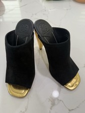 Tory Burch Black Gold Open Toe Cone Heel Suede Mules Women's Size 5.5