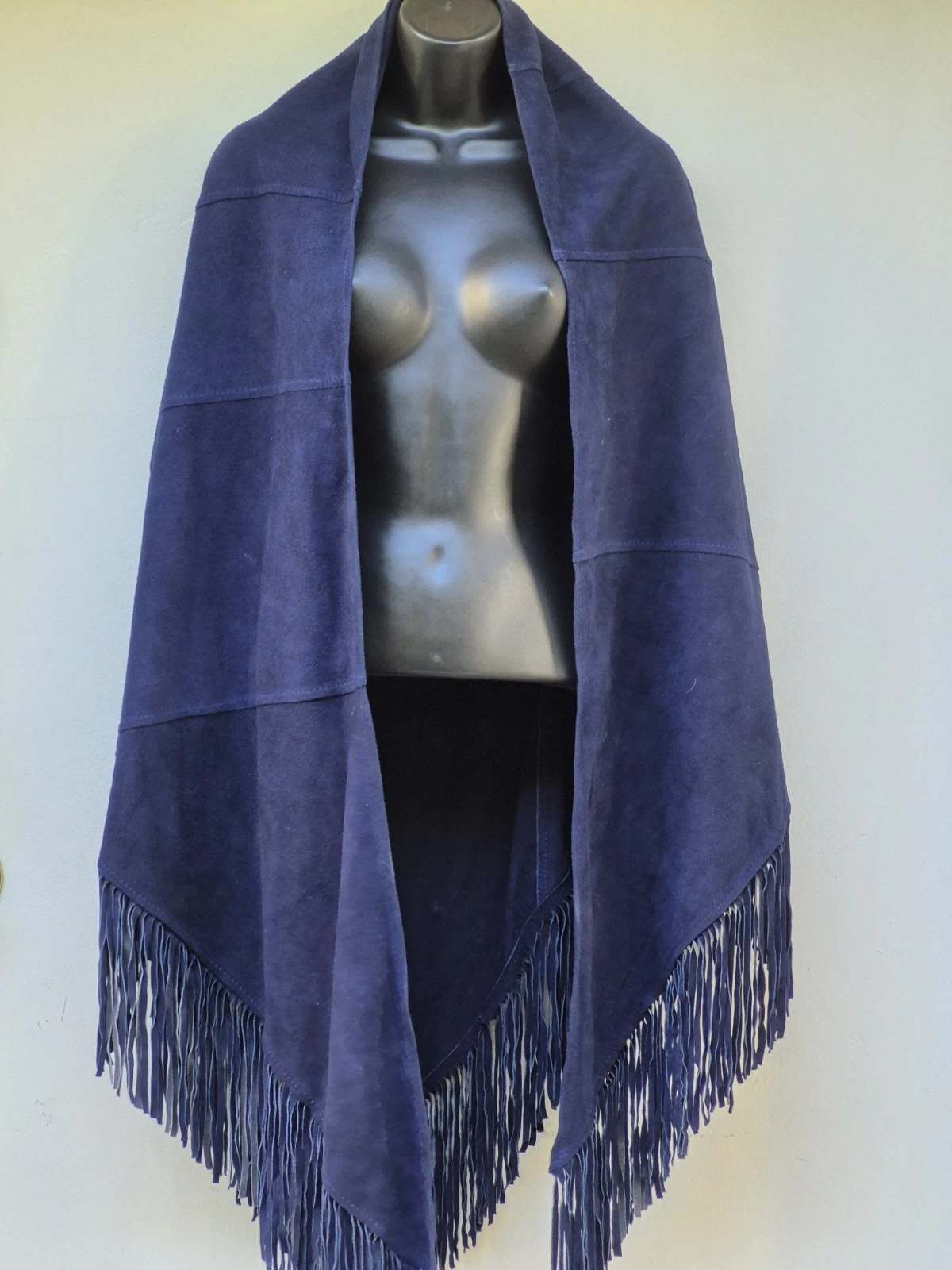 Indigo Blue Suede Fringe Retro Western 70s Style Boho Women's Cape Poncho Wrap