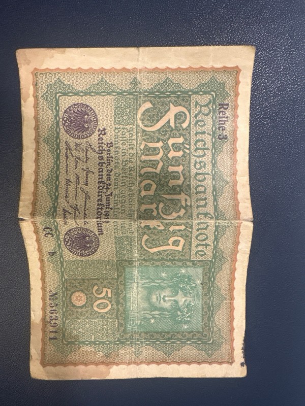 German 50 Mark Reichsbanknote from 1919, issued during the Weimar Republic era