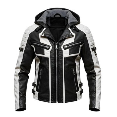 Mens Black White Leather Biker Jacket Hooded Racing Slim Fit Cyberpunk Moto Coat