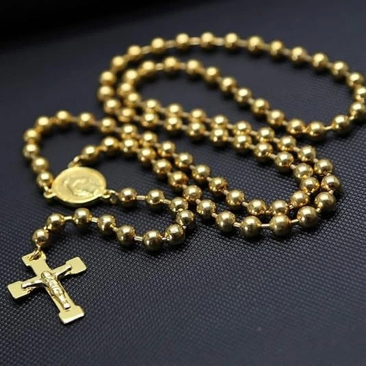Catholic 18K Yellow Gold Over Rosary Beads 24"Necklace Jesus Crucifix Medal Men - Image 2 of 4
