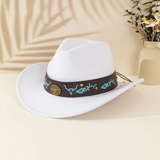 White Western Cowboy Hat Bull  Turquoise Band Adjustable Felt Wide Brim Cowgirl