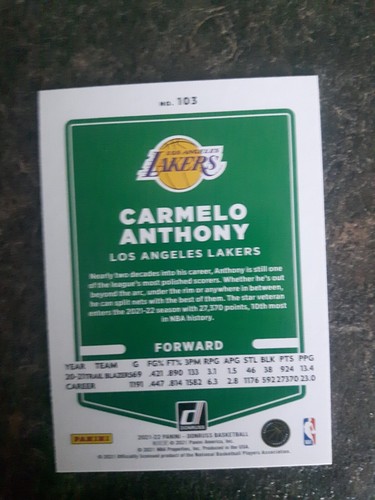 2021-22 Panini Donruss Base Carmelo Anthony Card# 103 - Picture 2 of 2
