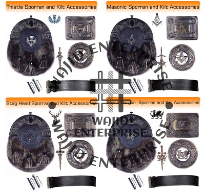 Mens Scottish Kilt Seal Skin Sporran & Kilt Accessories Brooch Pin Belt & Buckle