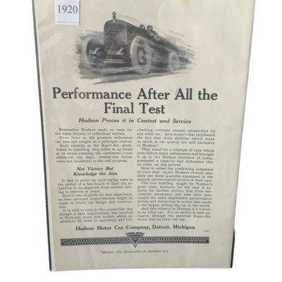 Vintage 1920 Hudson Performance After All The Final Test Ad Advertisement