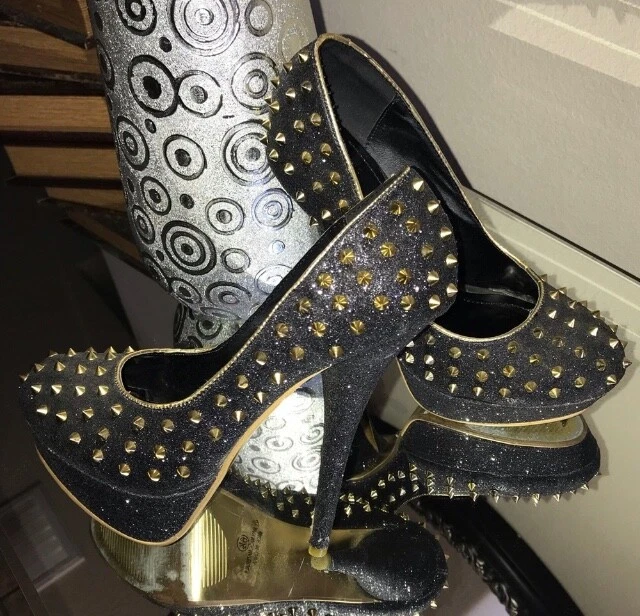👠Shiekh Negro y Dorado Tacones 5” FABULOSOS 5” Brillo Pico Dorado Bombas Talla 6 Foto 4 de 4