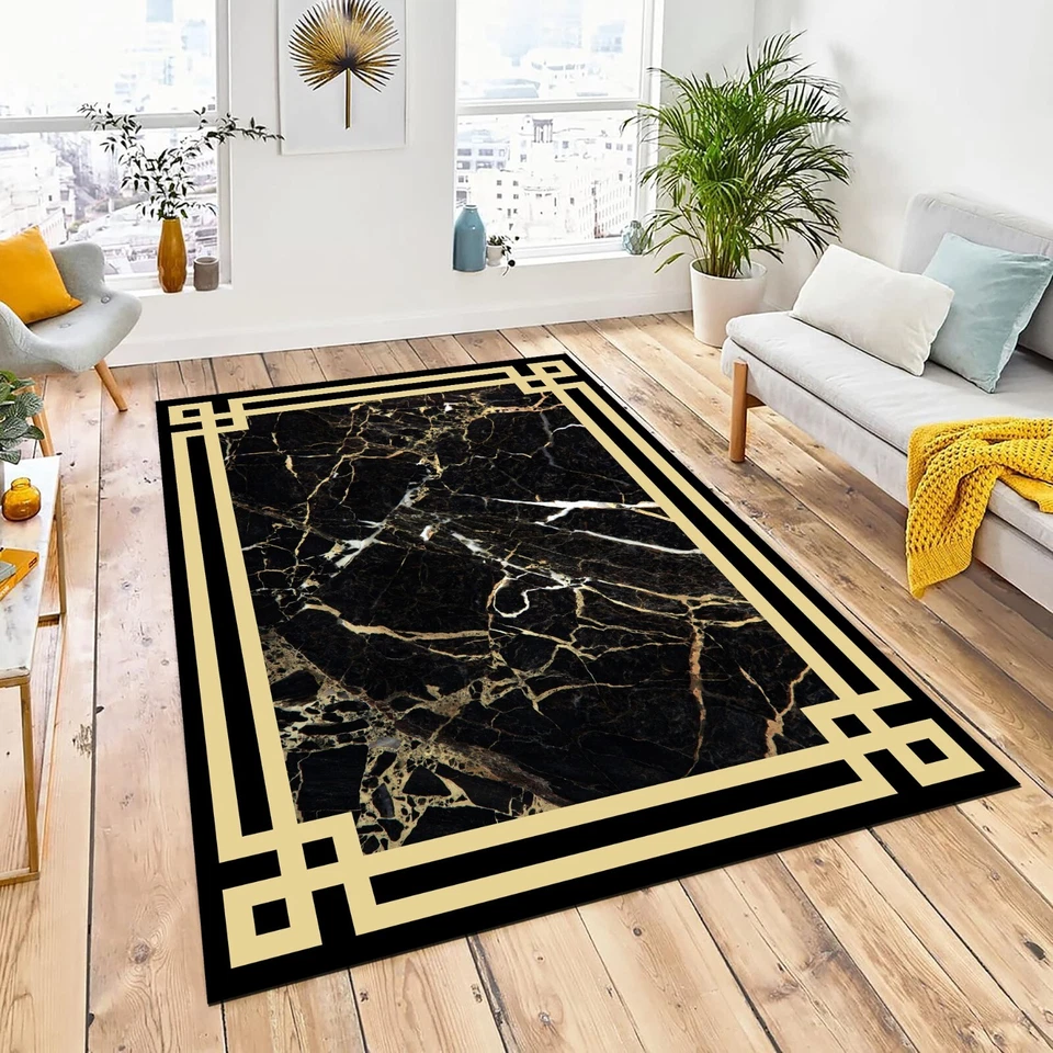 Alfombra de mármol negro y dorado, alfombra moderna, alfombra de salón, alfombra de decoración del hogar Foto 4 de 4