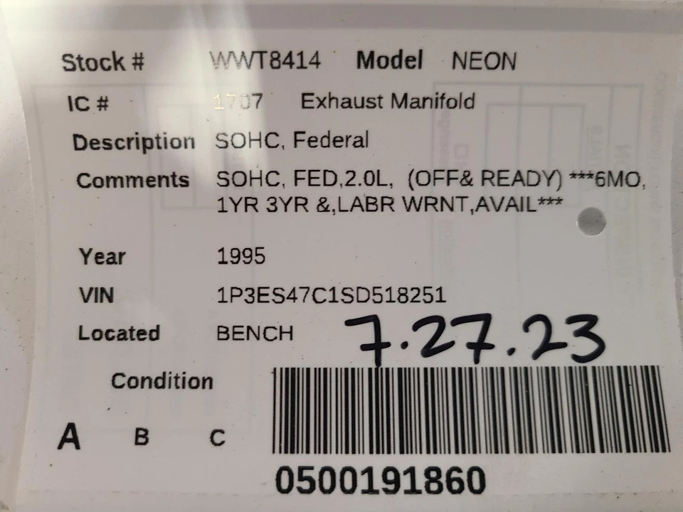 Colector de escape usado se adapta a: 1995 Plymouth Neon 4-122 2,0 L grado federal A Foto 3 de 4