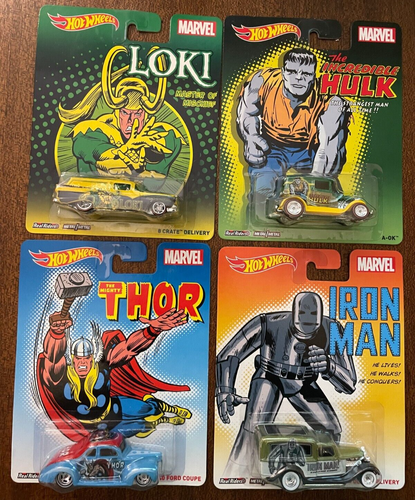 2014 Hot Wheels Marvel Characters - Loki, Thor, Hulk & Iron Man NIP