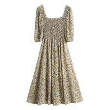 Women Floral Chiffon Long Dress Retro Square Collar Puff Half Sleeve Fairy