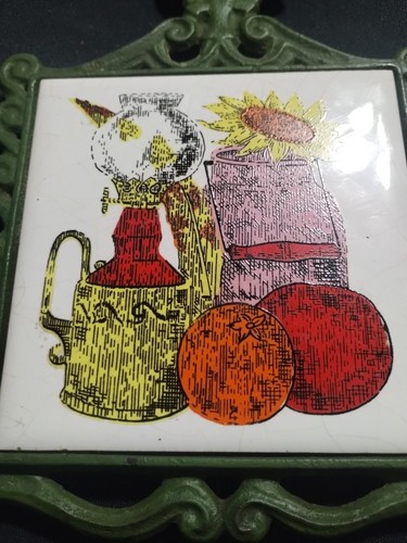Trivet Cast Iron and Ceramic Tile Fruit Floral Kitchen VTG Rooster Cast Kingkong - Picture 5 of 5