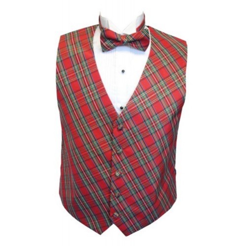 Red Stewart Holiday Tartan Plaid Tuxedo Vest and Bow Tie - Picture 3 of 6