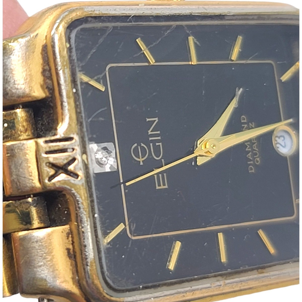 Mens Elgin Gold Tone Diamond Date Black Dial Mens Watch New Mens Elgin Gold Tone Diamond Date Black Dial Mens Watch New