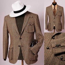 Tweed Plaid Men Houndstooth Blazer Classic Fit Tuxedos Casual Wear Hunting Coat