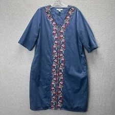 Go Softly House Dress S Floral Embroidered Boho Pockets Chambray Denim Cottage