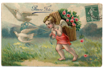 Old postcard Bonne fête. Beautiful child, angel, pulled by pigeons. Written back. Very Good Condition