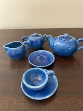 Miniature Doll’s Cobalt Blue Pottery Tea Set 8-piece