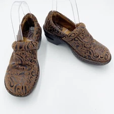 BOC Concept Peggy Brown Suede Paisley Tooled Clog Shoes Size US 6.5 EUR 37