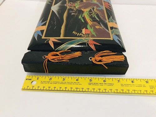 RARE Black Lacquer Scrapbook Photo Album Hand Painted Inlaid Shell Asian EUC - Picture 6 of 10