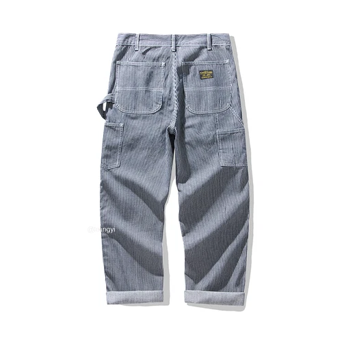 Men Primary Denim Jeans Railroad Stripe Worker Pants Straight Leg Cargo Trousers - Picture 21 of 26