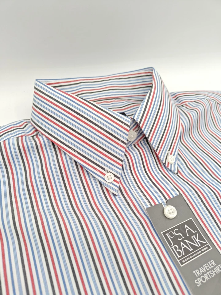 🇺🇲 New Jos A Bank Mens M 15.5x34 Red Blue Black Traveler Button Down Shirt - Image 4 of 4