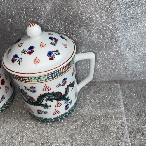 2er Set Vintage Mun Shou chinesische Jingdezhen Famille Drache Porzellan Deckel Teetasse - Bild 3 von 9