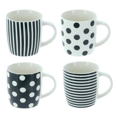 4x Kaffeetassen Steingut Tupfen Streifen Cappuccino Teetassen weiß schwarz 400ml