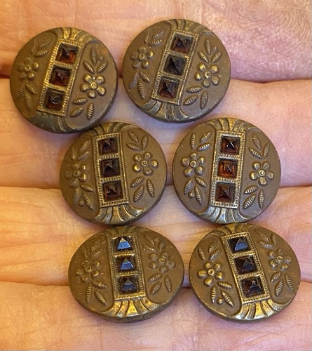 Antique Victorian Red Jeweled Buttons Set 6 Floral Brass and Pyramid Glass 14mm - Picture 1 of 6